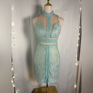 Mango Blue Tan Embellished Cut-Out Bodycon Dress